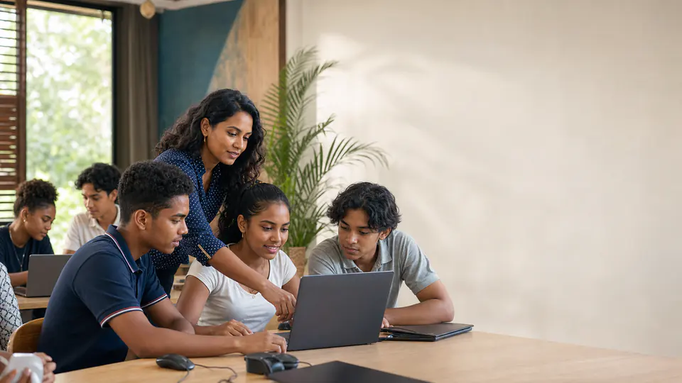 Leerlingen onderzoeken met hun docent een informaticavraagstuk op een laptop.