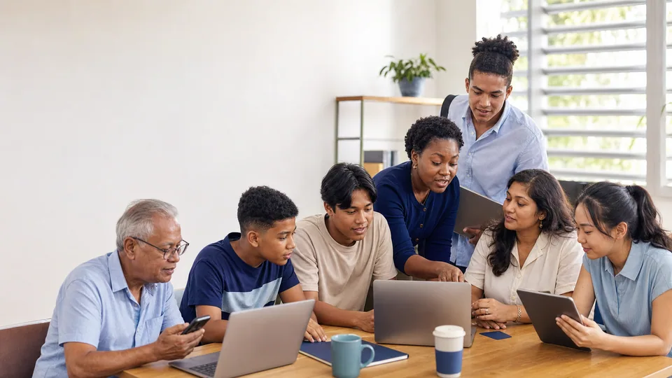 Surinamers van verschillende generaties helpen elkaar tijdens een open digitale oefenmiddag.