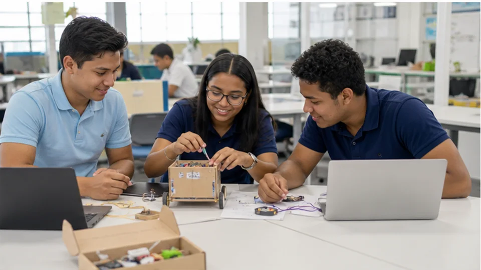 Studenten werken samen aan een praktische ICT- en AI-opdracht met zichtbare taakverdeling.