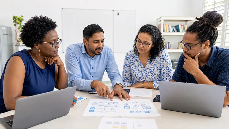 Een docententeam bespreekt leerdoelen voor informatica, programmeren en computational thinking.