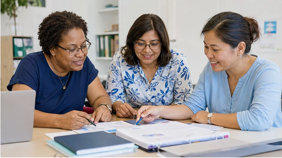 Een docententeam vergelijkt leerdoelen, voortgang en bewijsstukken rond een tafel.
