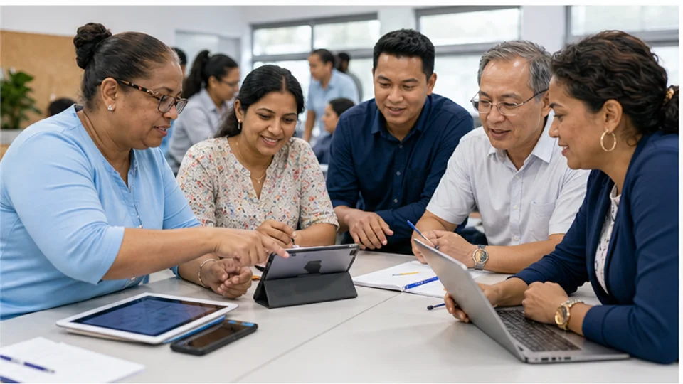 Een divers docententeam oefent digitale didactiek tijdens een werkbijeenkomst.