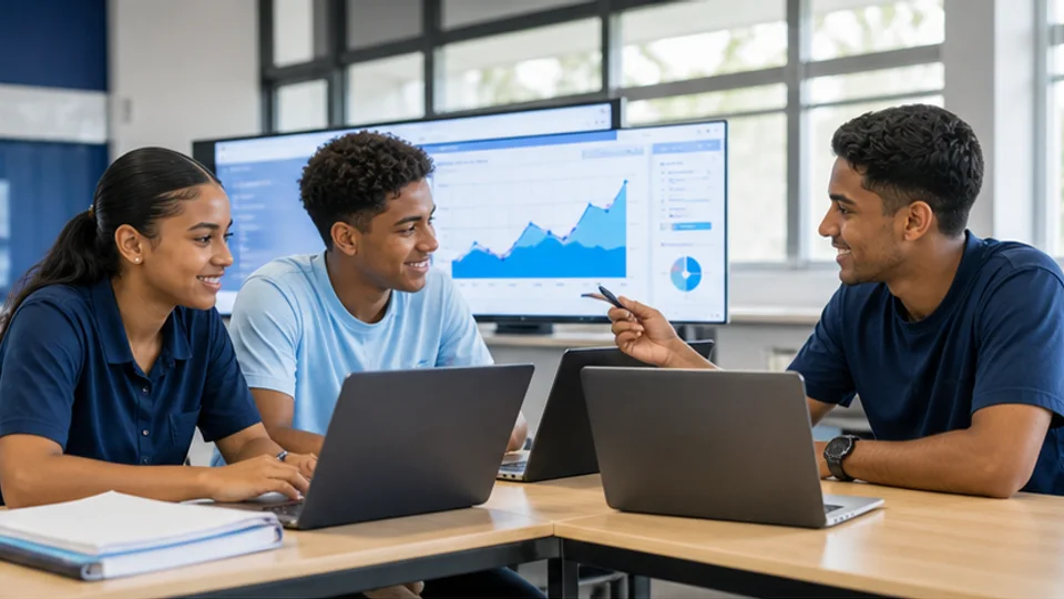 Leerlingen in het voortgezet onderwijs analyseren samen data op laptops en een groot scherm.