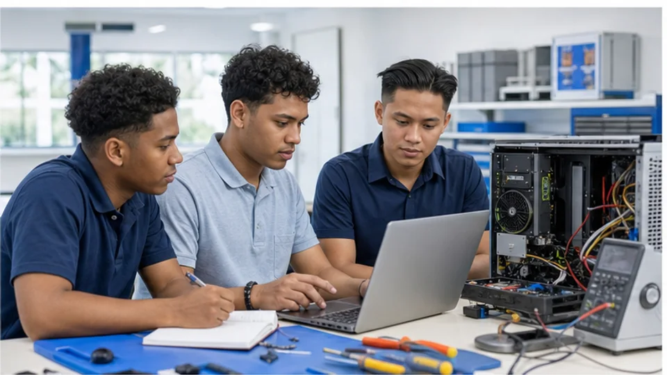 Beroepsstudenten documenteren samen een technisch werkproces met digitale hulpmiddelen.
