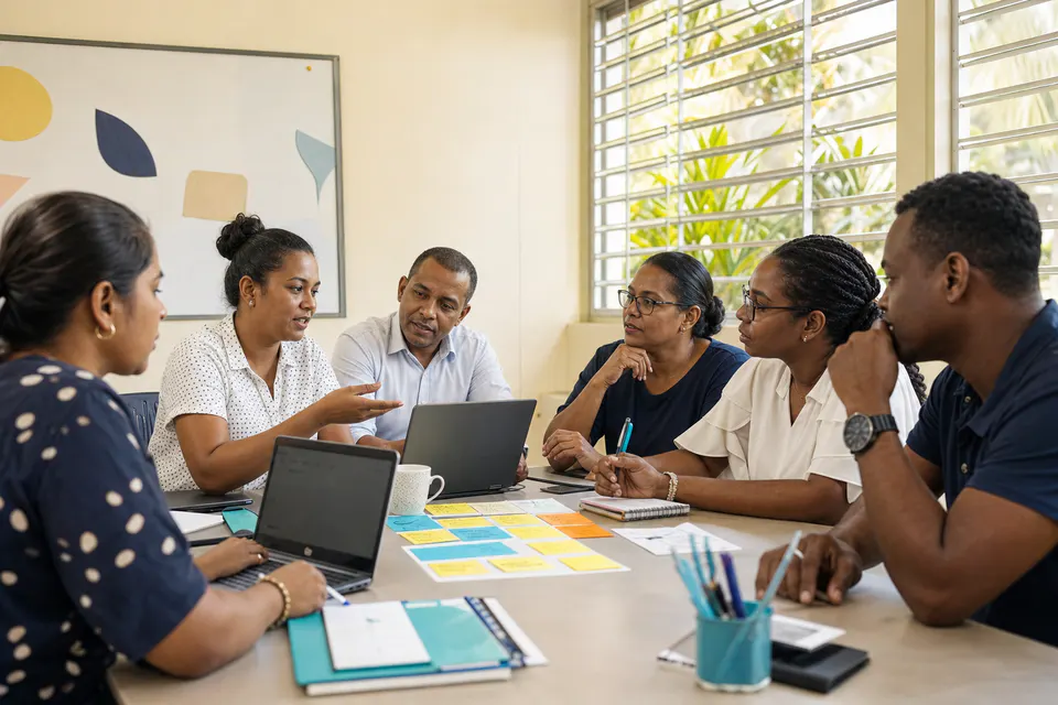 Een docententeam oefent samen met digitale lesmiddelen tijdens professionalisering.
