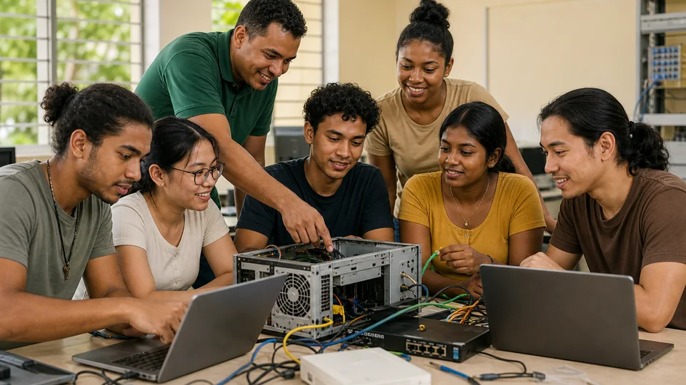 Beroepsstudenten werken samen aan een digitale praktijkopdracht in een ICT-lab.